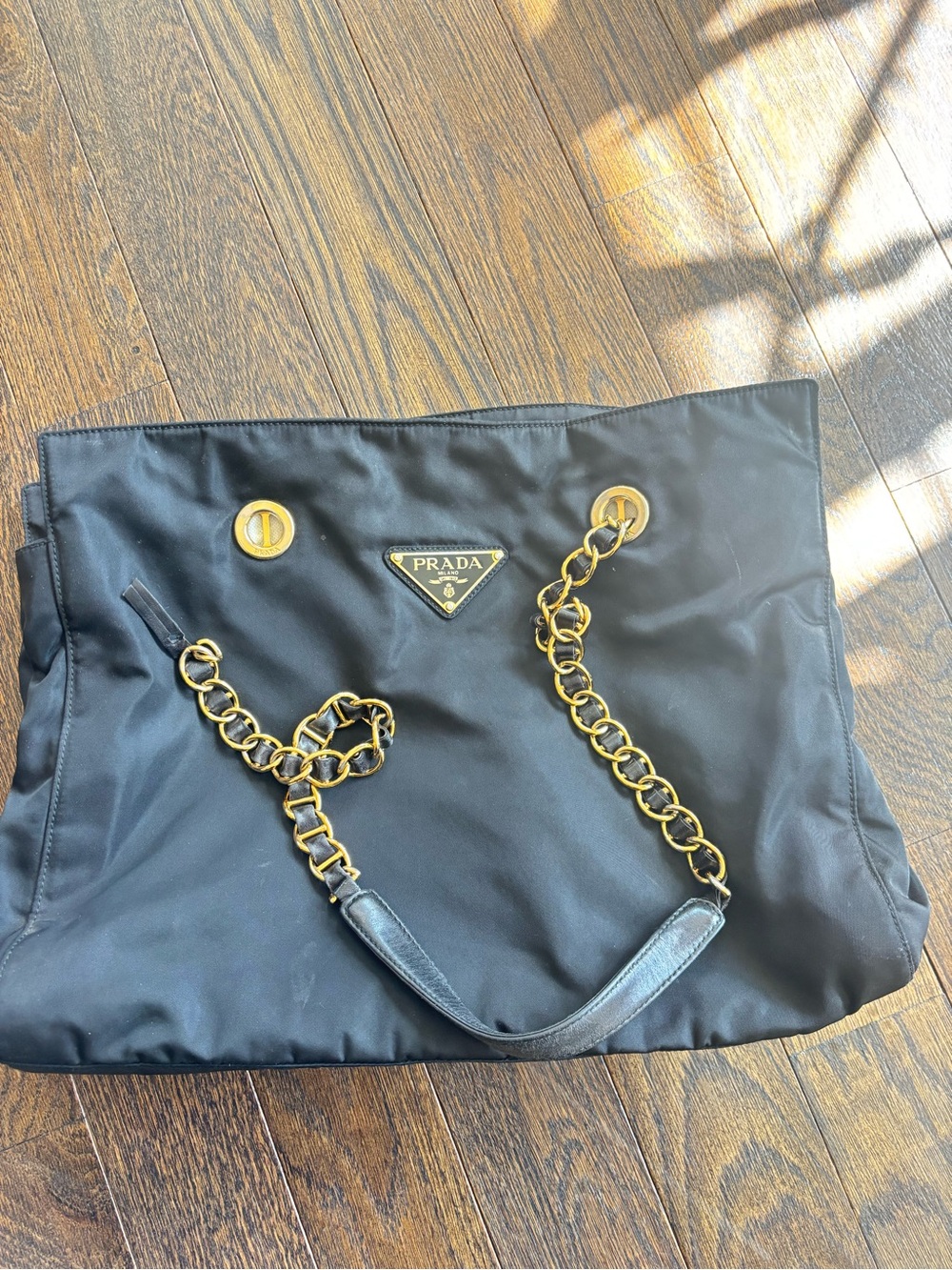 Authentic Prada Black Nylon Shoulder Bag with Gold Chain Straps - Picture 4 of 7
